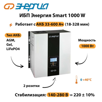 ИБП Энергия Smart 1000W - ИБП и АКБ - Энергия ИБП Smart - . Магазин оборудования для автономного и резервного электропитания Ekosolar.ru в Владимире