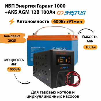 ИБП для котла Энергия Гарант 1000 + Аккумулятор 100 Ач 12 В (600Вт - 91мин) - ИБП и АКБ - ИБП для котлов - . Магазин оборудования для автономного и резервного электропитания Ekosolar.ru в Владимире
