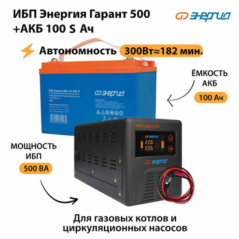 ИБП Энергия Гарант 500 + Аккумулятор S 100 Ач - 12В (300Вт - 182мин) - ИБП и АКБ - ИБП для котлов - . Магазин оборудования для автономного и резервного электропитания Ekosolar.ru в Владимире