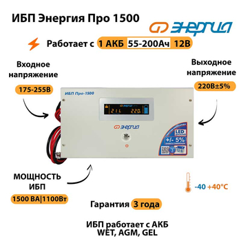 Энергия ИБП Про 1500 12В - ИБП и АКБ - ИБП для котлов - . Магазин оборудования для автономного и резервного электропитания Ekosolar.ru в Владимире