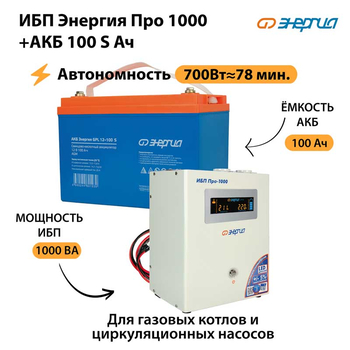 ИБП Энергия Про 1000 + Аккумулятор S 100 Ач - 12В (700Вт - 78мин) - ИБП и АКБ - ИБП для котлов - . Магазин оборудования для автономного и резервного электропитания Ekosolar.ru в Владимире
