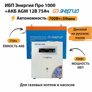ИБП для котла Энергия Про 1000 + Аккумулятор 75 Ач 12 В (700Вт - 59мин) - ИБП и АКБ - ИБП для котлов - . Магазин оборудования для автономного и резервного электропитания Ekosolar.ru в Владимире