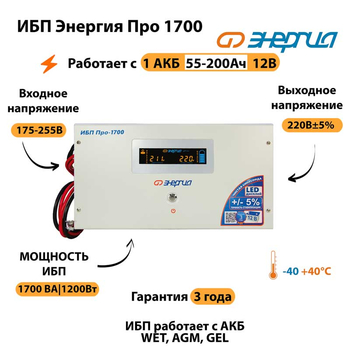 Энергия ИБП Про 1700 12В - ИБП и АКБ - ИБП для котлов - . Магазин оборудования для автономного и резервного электропитания Ekosolar.ru в Владимире