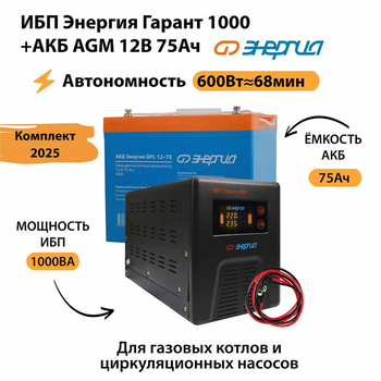 ИБП для котла Энергия Гарант 1000 + Аккумулятор 75 Ач 12 В (600Вт - 68мин) - ИБП и АКБ - ИБП для котлов - . Магазин оборудования для автономного и резервного электропитания Ekosolar.ru в Владимире