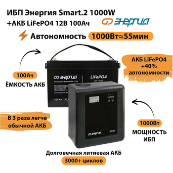 ИБП Энергия Smart.2 1000W + Аккумулятор LiFePO4 12v-100Ah (1000Вт-55мин) - ИБП и АКБ - ИБП Энергия - ИБП на 1 кВА - . Магазин оборудования для автономного и резервного электропитания Ekosolar.ru в Владимире