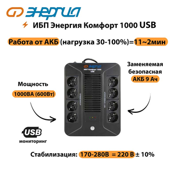 ИБП Комфорт 1000 USB Энергия - ИБП и АКБ - ИБП для компьютера - . Магазин оборудования для автономного и резервного электропитания Ekosolar.ru в Владимире