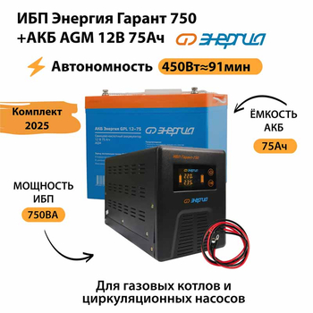 ИБП для котла Энергия Гарант 750 + Аккумулятор 75 Ач 12 В (450Вт - 91мин) - ИБП и АКБ - ИБП для котлов - . Магазин оборудования для автономного и резервного электропитания Ekosolar.ru в Владимире