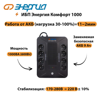 ИБП Комфорт 1000 Энергия - ИБП и АКБ - ИБП для компьютера - . Магазин оборудования для автономного и резервного электропитания Ekosolar.ru в Владимире